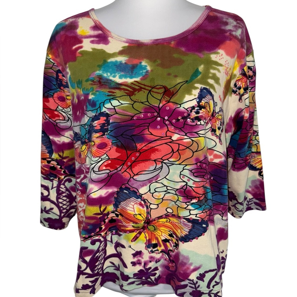 BonWorth Womens LP Butterfly Graphic Embellished Top Multicolor Artsy Boho